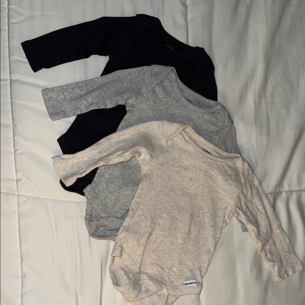 Gerber Long Sleeve Baby Bodysuits in Black, Gray, and Cream